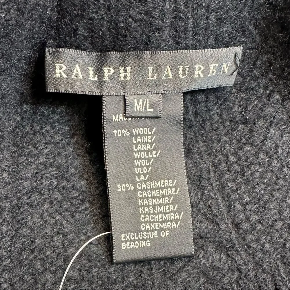 Ralph Lauren Black Cashmere Blend Jet Hematite Beaded Cable Knit Beanie